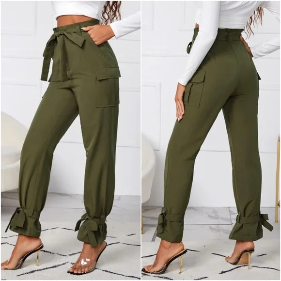 Olive Green High Waist Tie Ankle Pants Lounge Work office - Picture 2 of 2